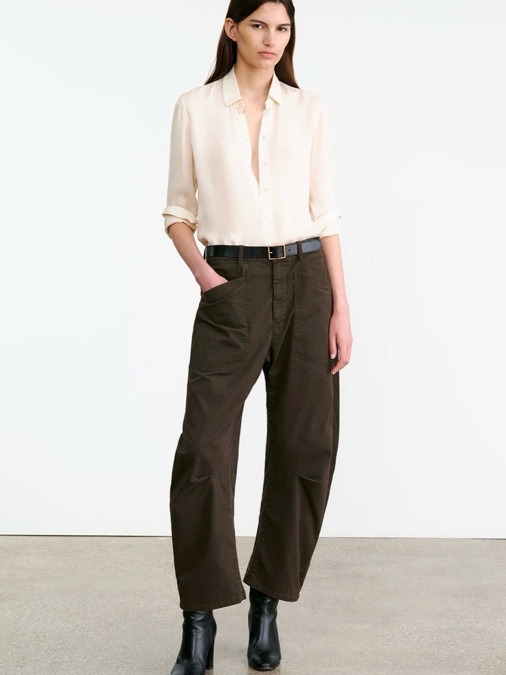 Nili Lotan Shon Dark Brown Stretch Barrel Leg Pants Sz 8